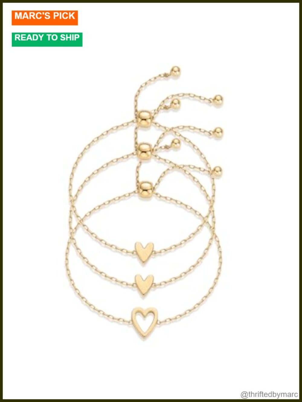 14K Gold Plated Heart Charm Bracelet Set Adjustable 9in 3pc